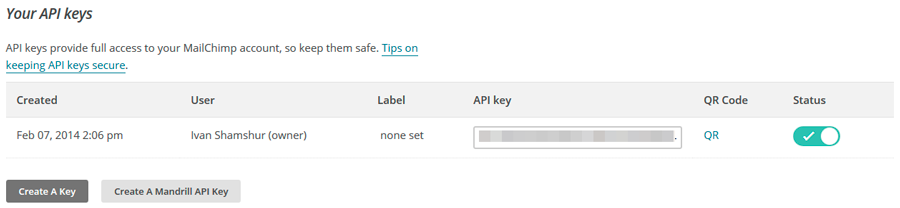 Ключ доступа mailchimp